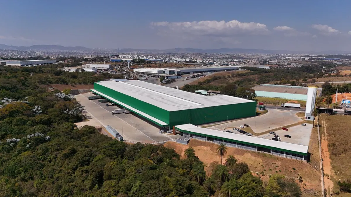 Aerial view of a logistics park surrounded by green areas